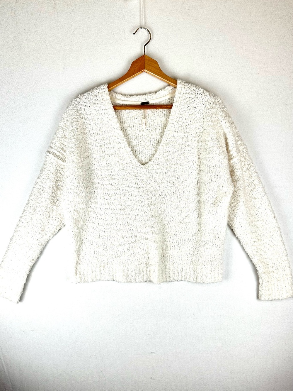 Free People V Neck Textured Bouclé Pullover Sweater‎